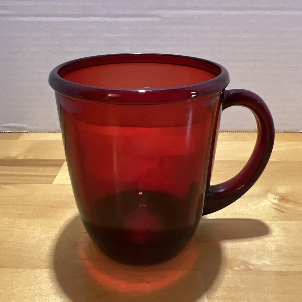 Vintage Single Ruby Red Clear Glass Coffee Mug Arcoroc France "Cocoon" Pattern